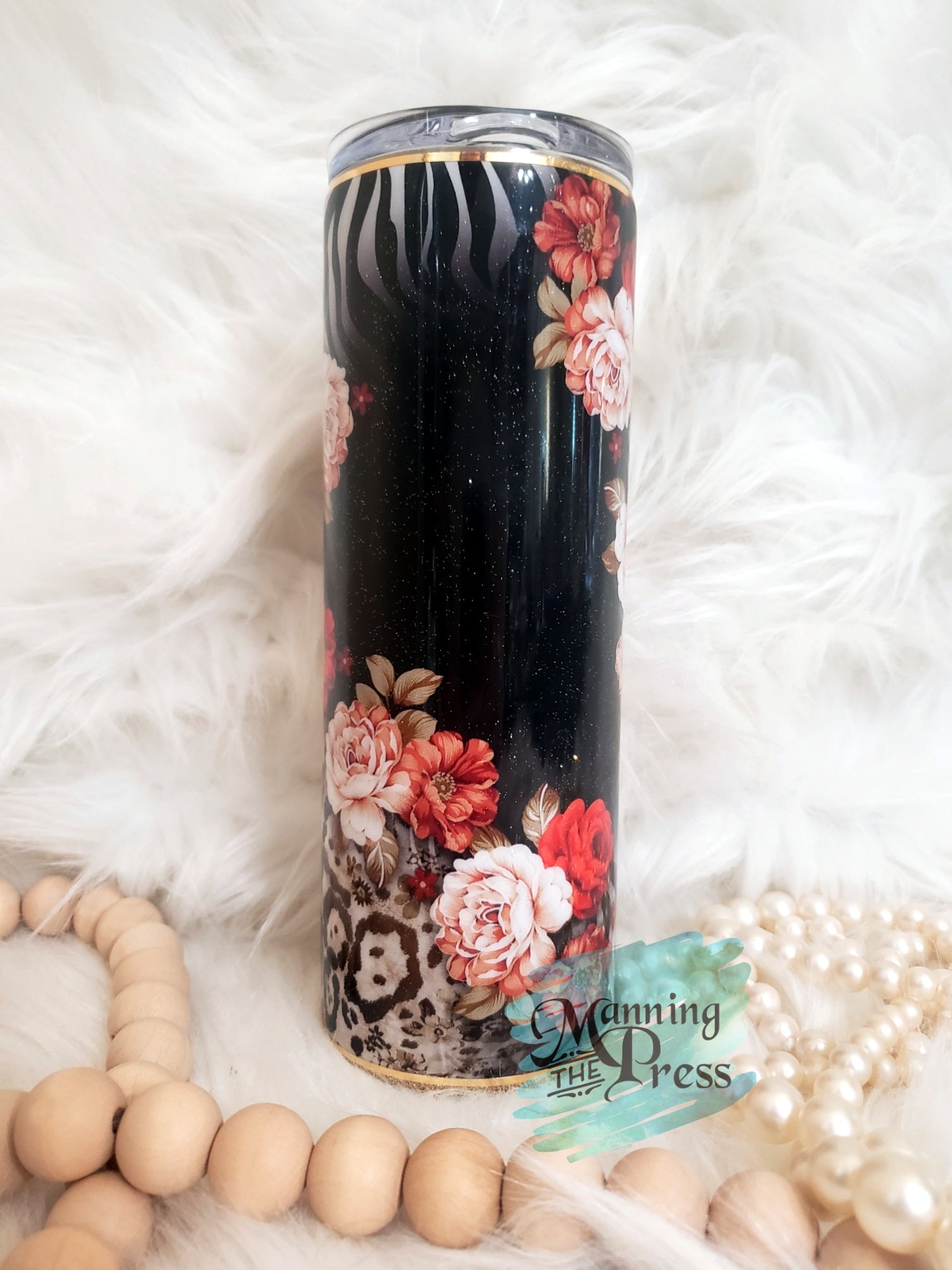 Tan Floral Tumbler with pearl topper 20 oz Skinny